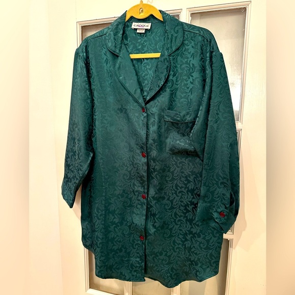 Vintage Lingerie Cacique Satin Emerald Green Button Down Nightgown Size Small S - Picture 9 of 9